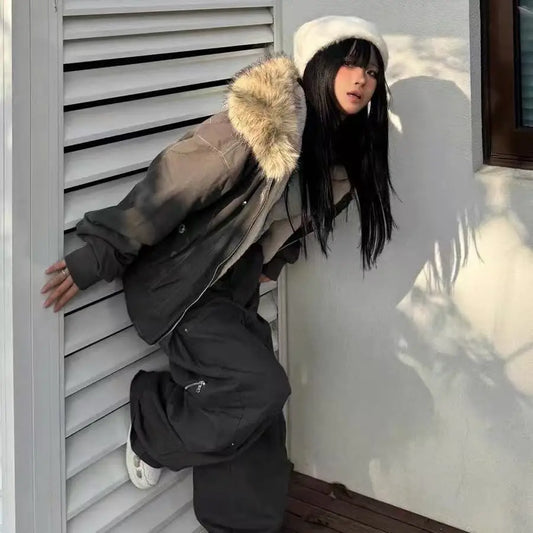 Unisex Fur Collar Hooded Parka