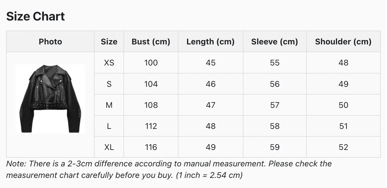 Vintage Black Leather Biker Jacket size chart