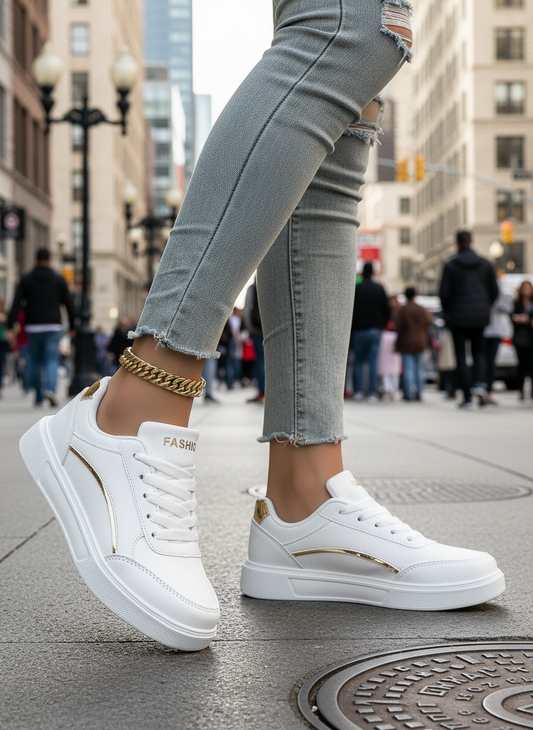 Women's white Sneakers assents gold