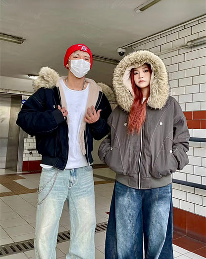 Unisex Fur Collar Hooded Parka