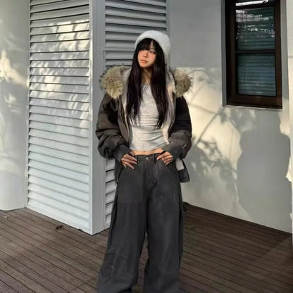 Unisex Fur Collar Hooded Parka