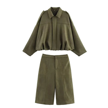 Green outfit with a jacket and pants -women two piece set