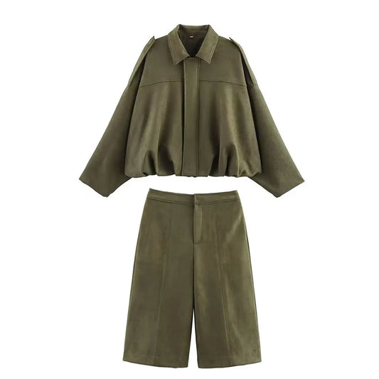 Green outfit with a jacket and pants -women two piece set