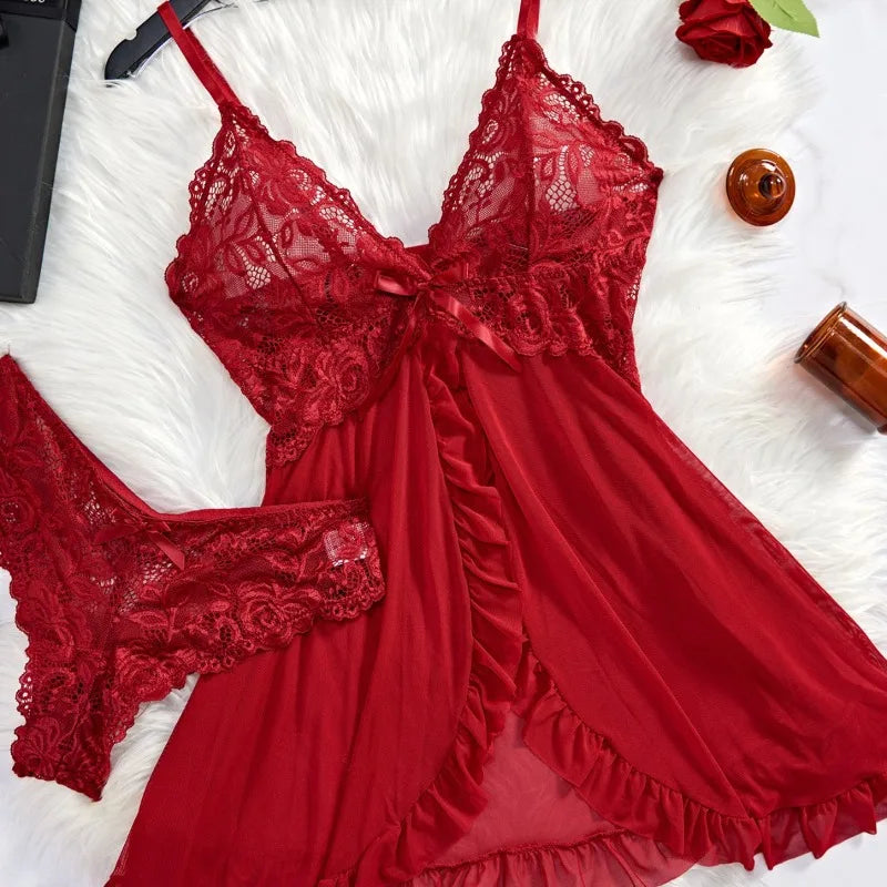 Women's Lace Lingerie & Nightgown Set