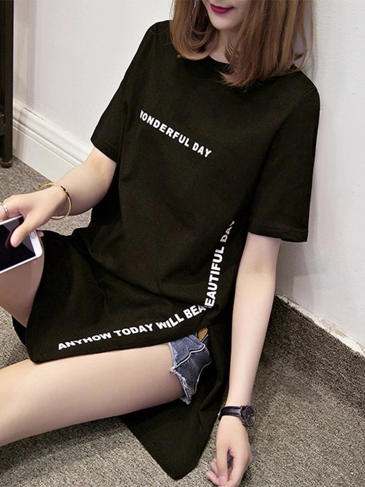 Women's Printed Long T-Shirt with Slit