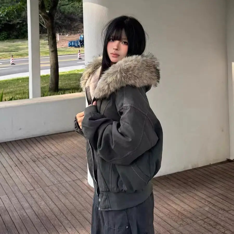 Unisex Fur Collar Hooded Parka