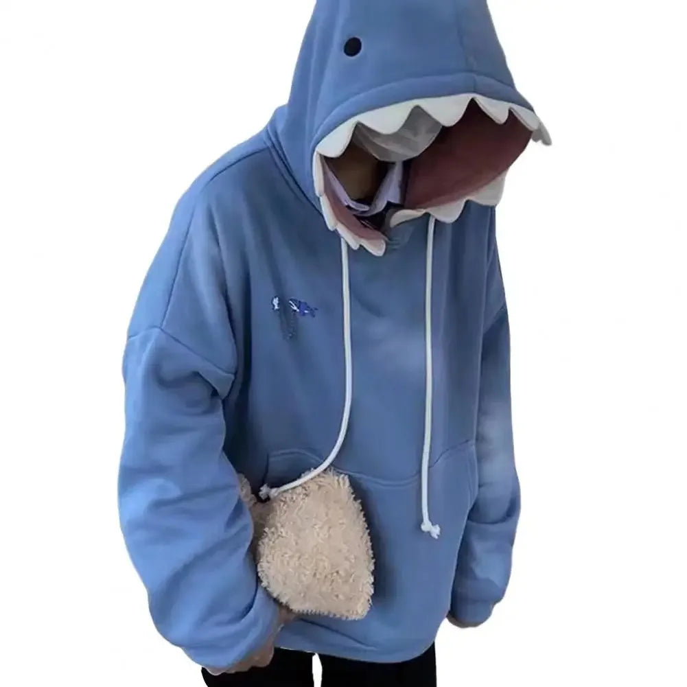 Blue shark hoodie with a white interior on a white background