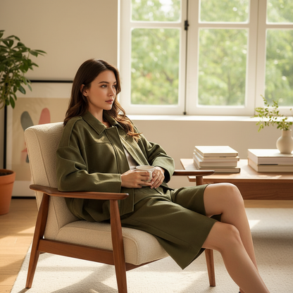 Green outfit with a jacket and pants -women two piece set