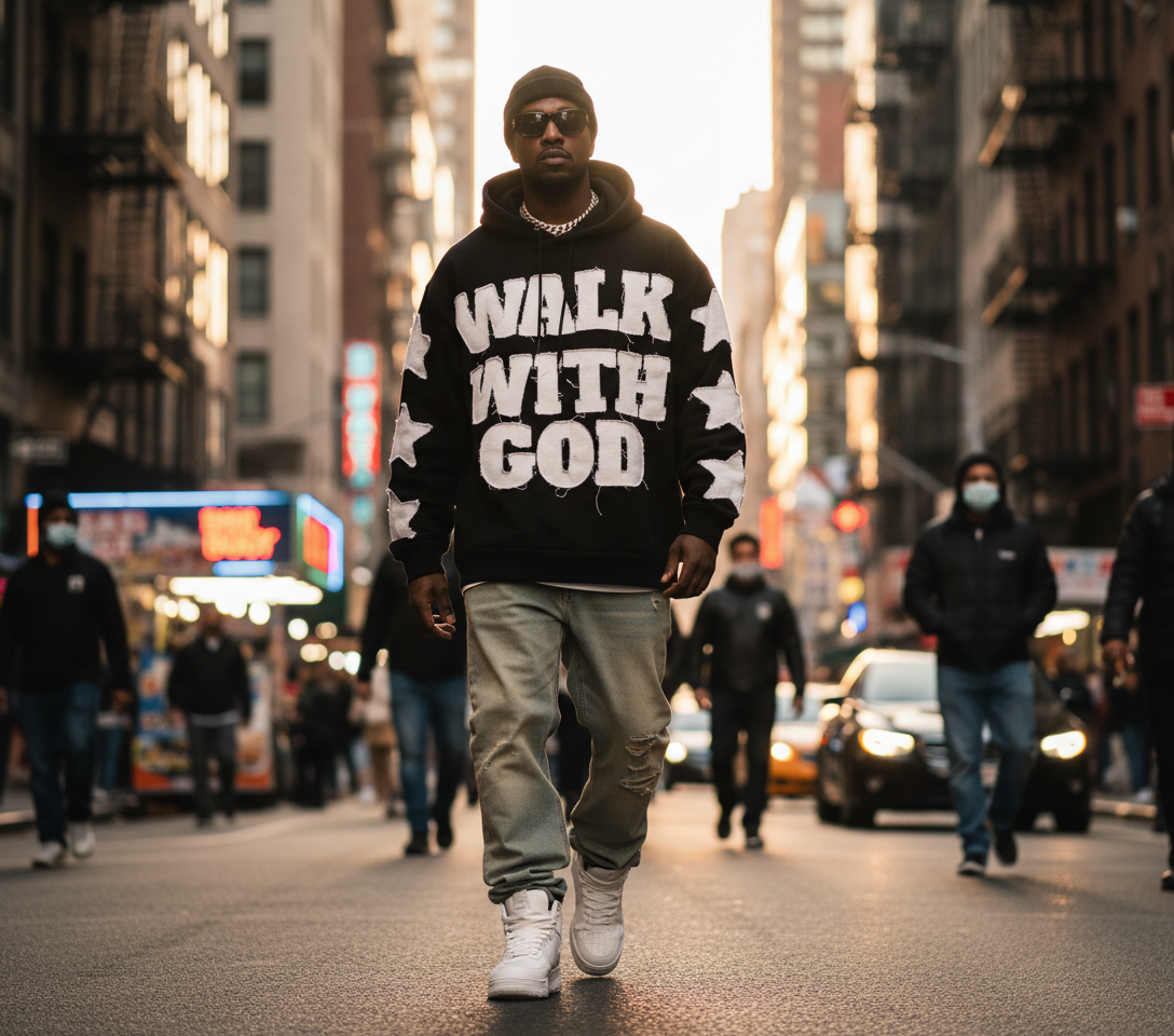  a over size hoodie with 'Walk With God' text walking down a busy city street.