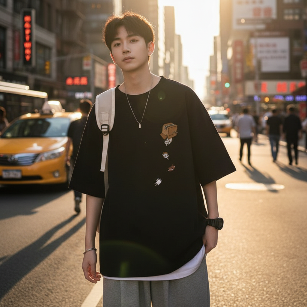 Man wearing a oversized black t-shirt with graphic designs 