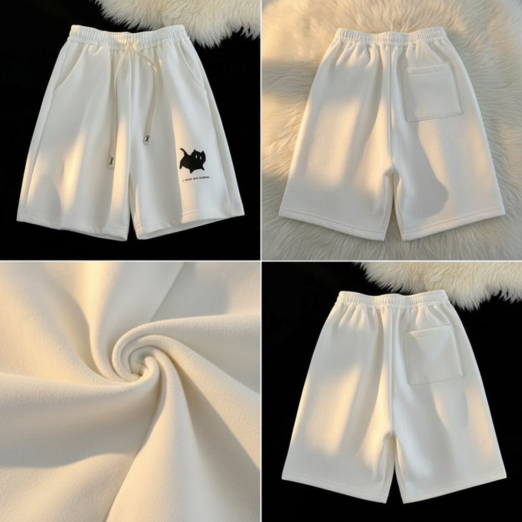White shorts with a small black kitten  logo on a textured white background