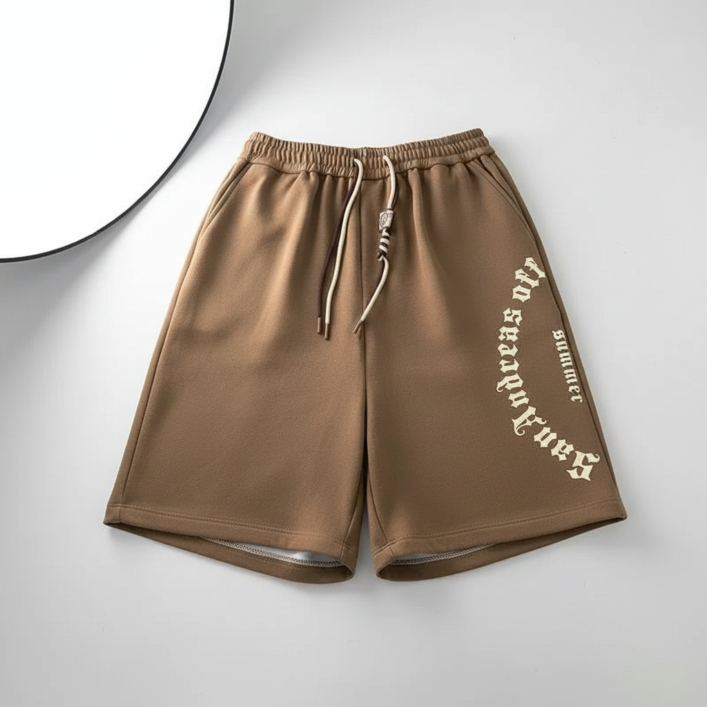 Oversized coffee color shorts with Retro Letters