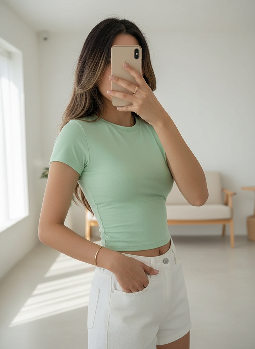 Women's Slim Fit Green Crop Top T-Shirt