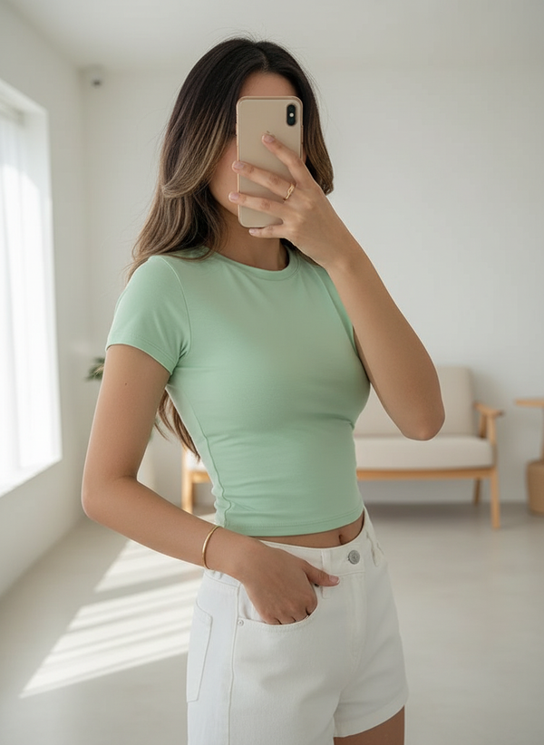 Women's Slim Fit Green Crop Top T-Shirt