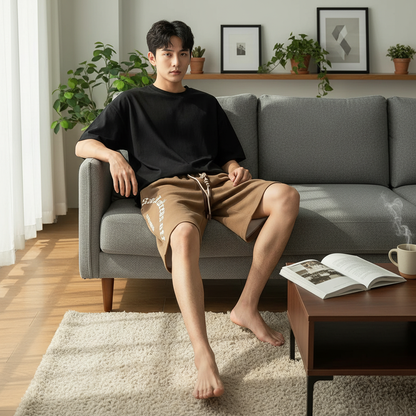 Oversized brown shorts with Retro Letters Men