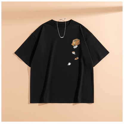 Black t-shirt with small graphic designs 
