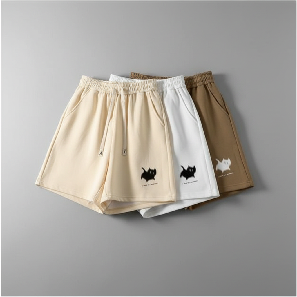Three pairs of shorts in beige, white, and brown with cat illustrations on a gray background.