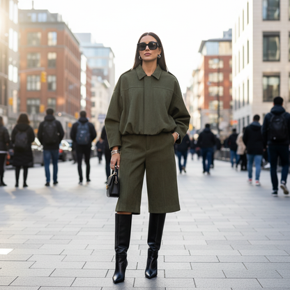 Green outfit with a jacket and pants -women two piece set