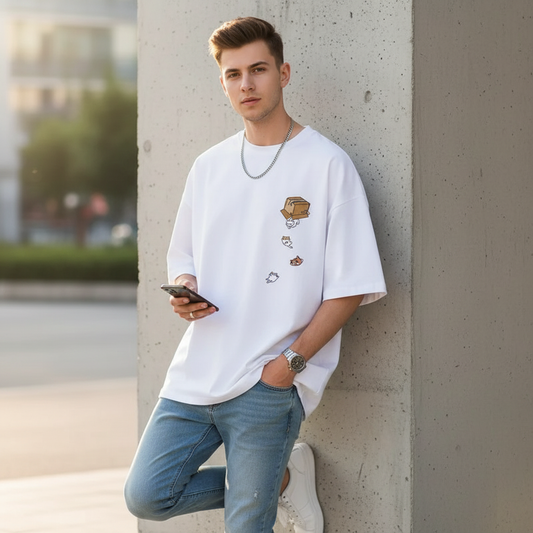 Man wearing a oversized white t-shirt with graphic designs 