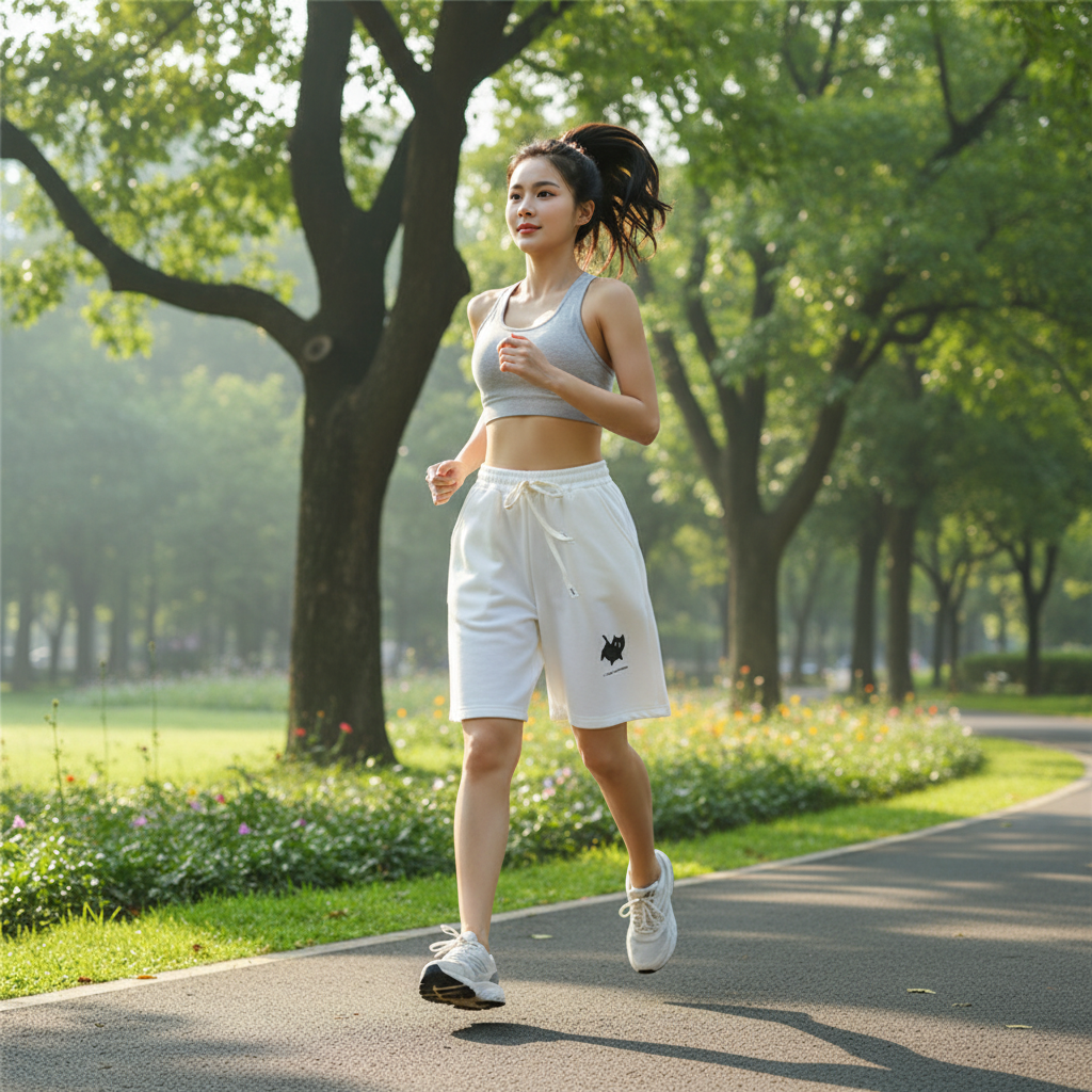 Woman jogging on a path in a park with kitten logo shorts trending 