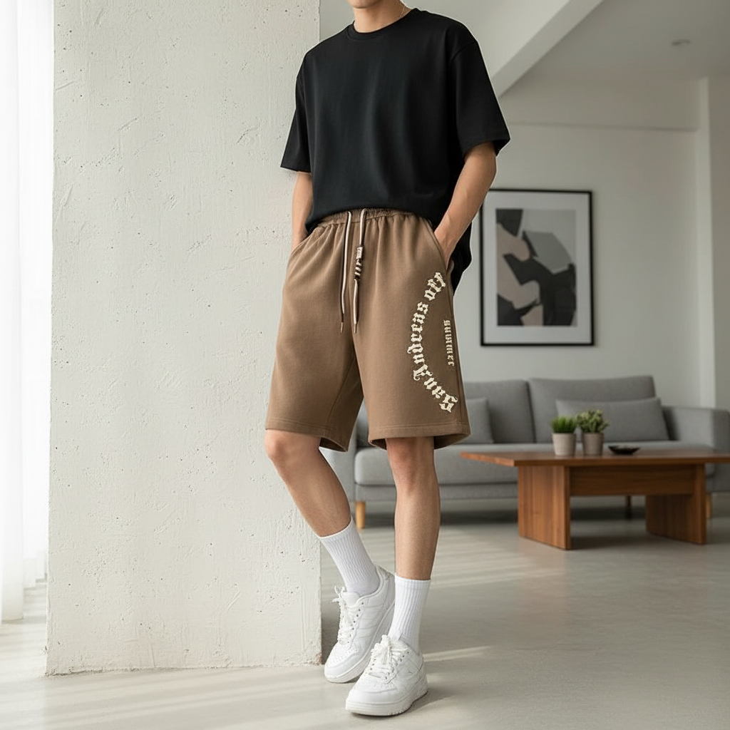 Oversized coffee shorts with Retro Letters for men 